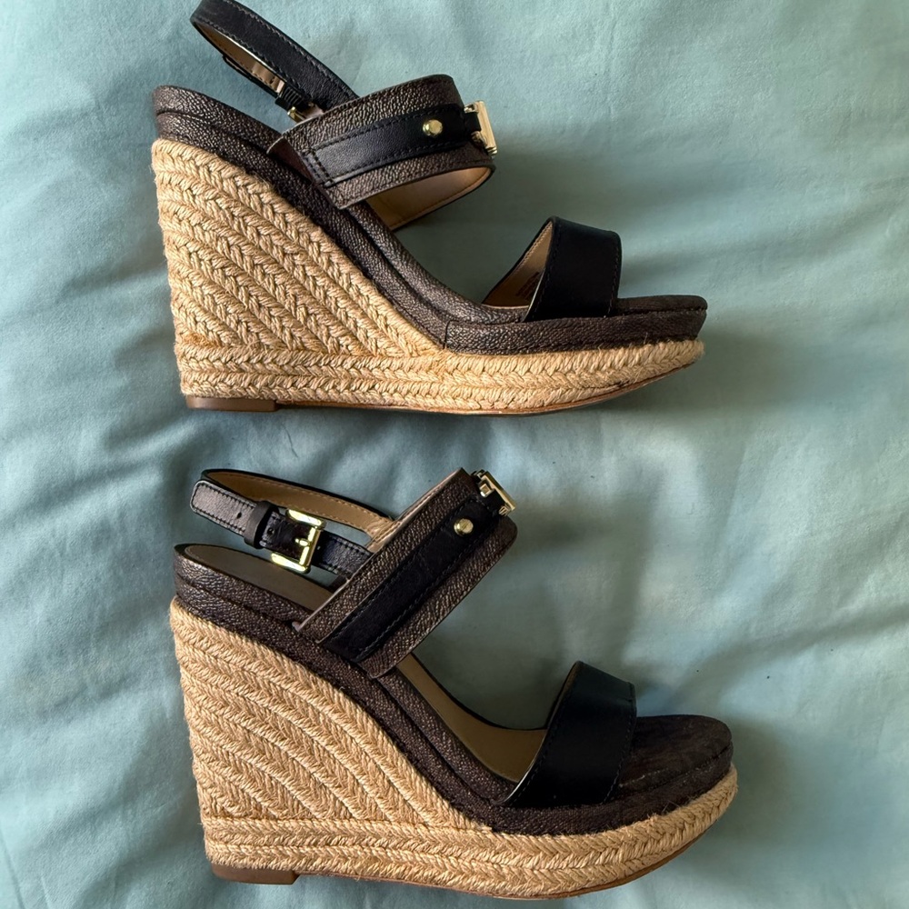 Michael Kors Black and Tan Wedge Sandals